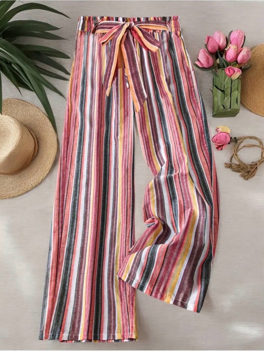 Casual Striped Pattern Wide Straight Leg Lightweight Pants